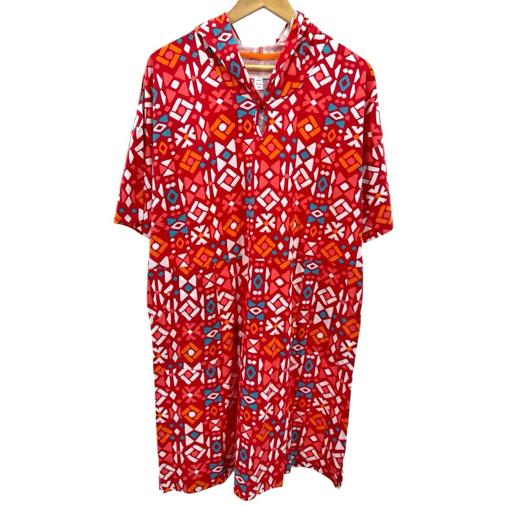 Stan Herman‎ Red Geometric Hooded Pullover Lounger Dress Medium 100% Cotton
